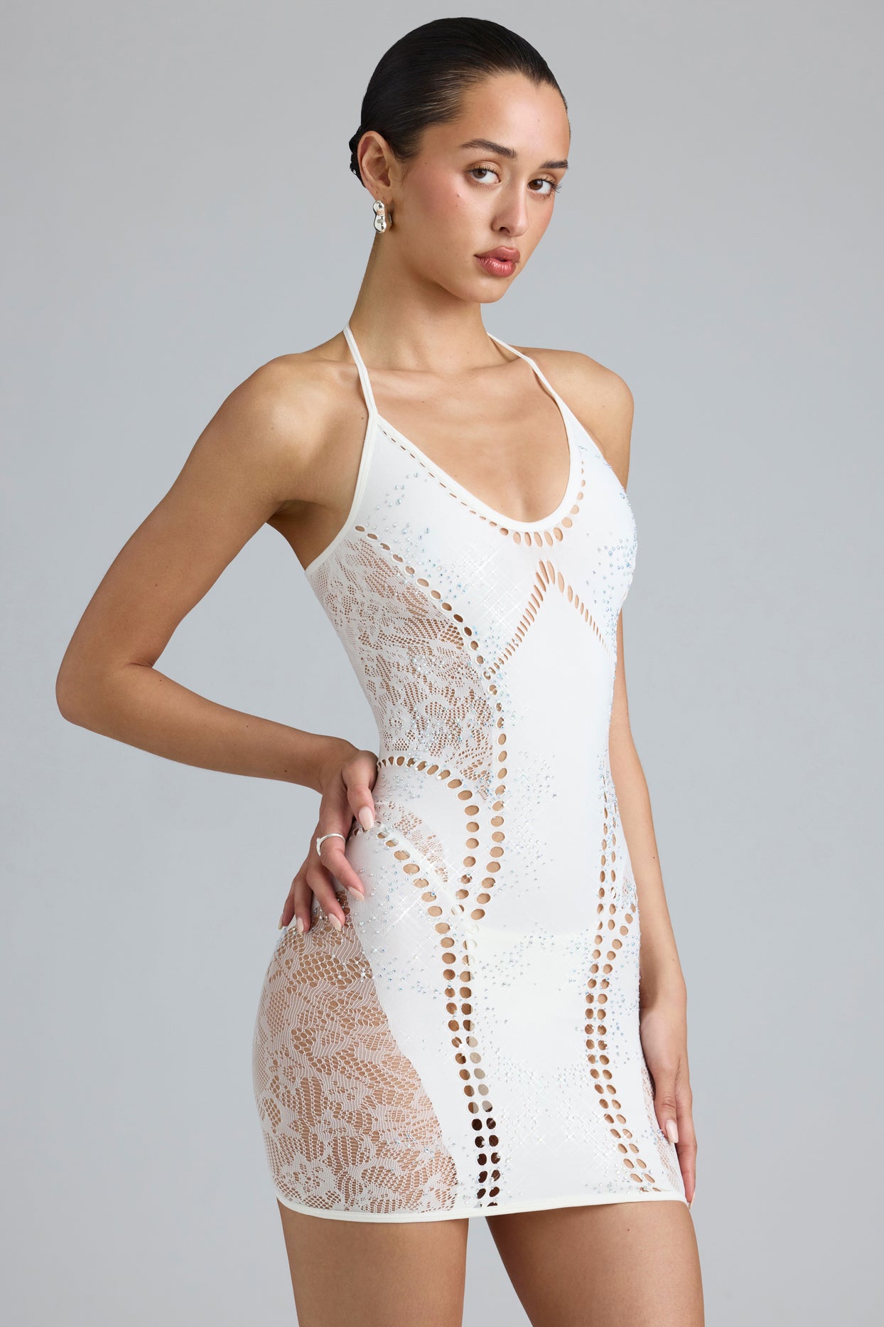 Embellished Halterneck Mini Dress in Ivory - 8