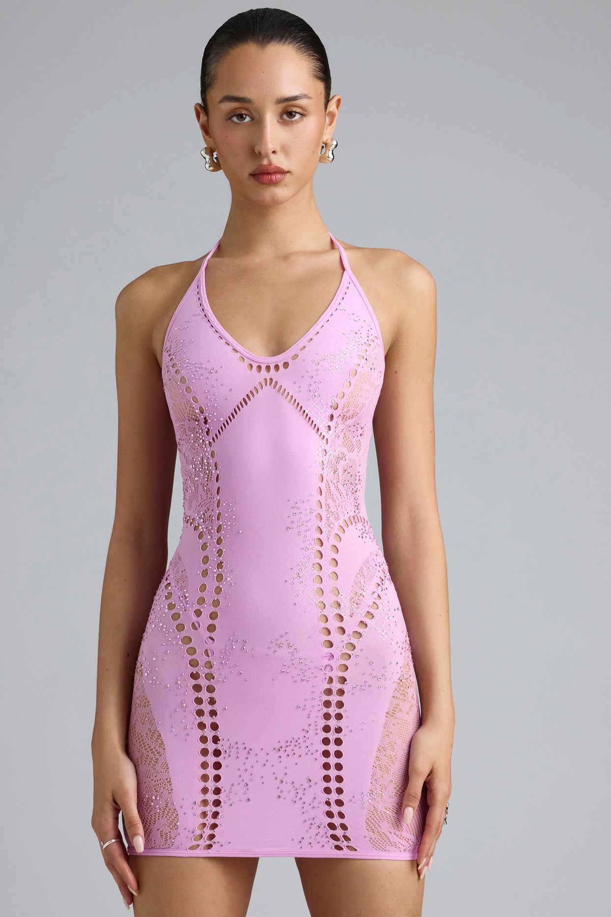 Embellished Halterneck Mini Dress in Violet Pink - 8