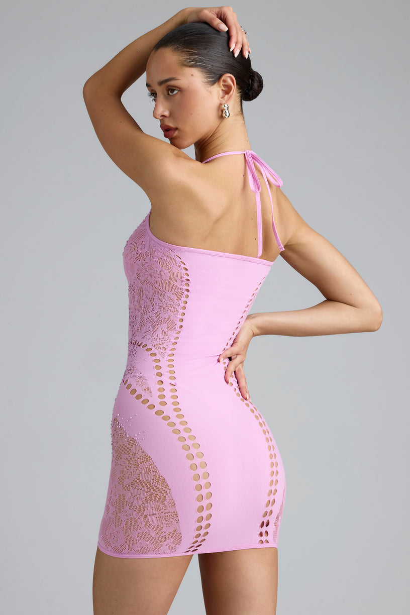 Embellished Halterneck Mini Dress in Violet Pink - 2