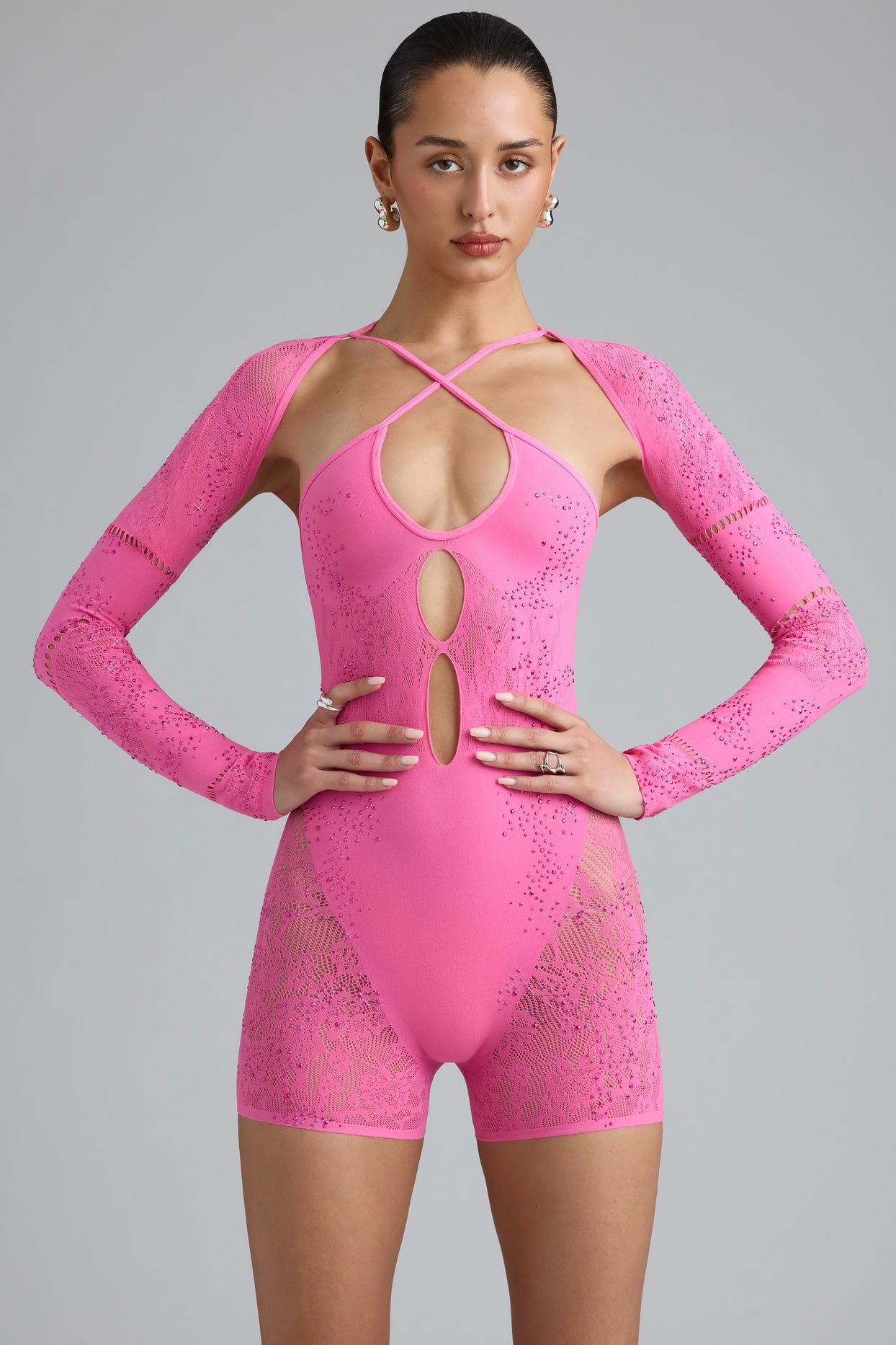 Embellished Cut-Out Unitard in Bubblegum Pink - 6