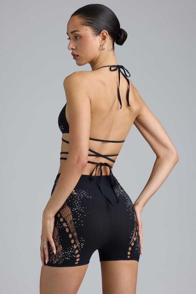 Embellished Cross-Strap Bikini Top in Black