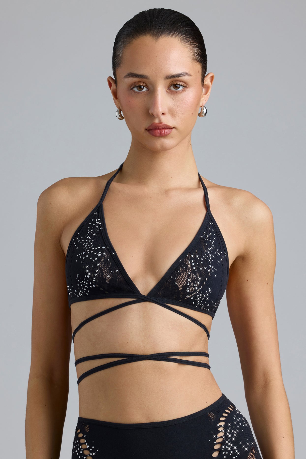Embellished Cross-Strap Bikini Top in Black - 5