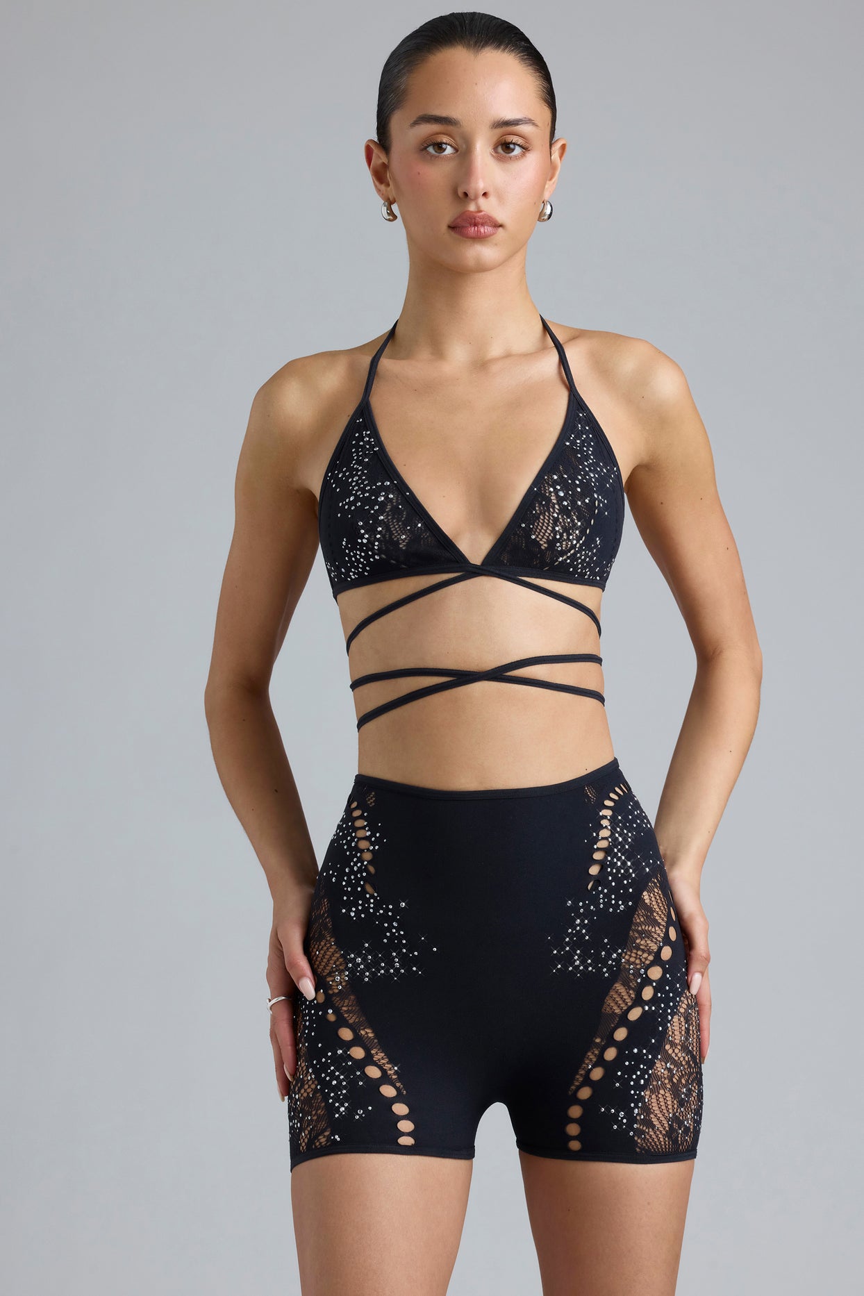 Embellished High-Waist Shorts in Black - 12