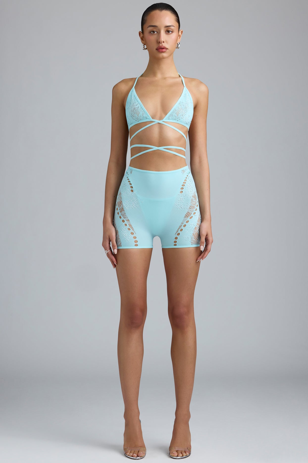 Embellished High-Waist Shorts in Ice Blue - 11