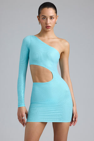 Metallic Cut-Out One-Shoulder Mini Dress in Ice Blue