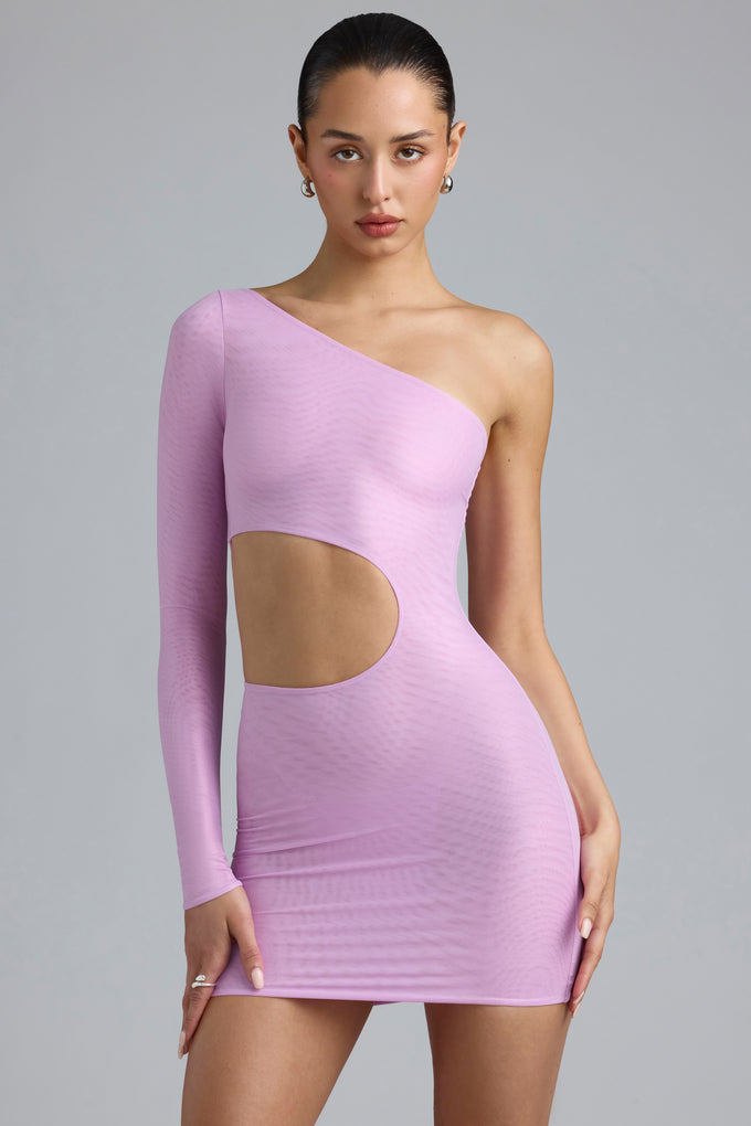 Metaliczna sukienka mini z wycięciem na jedno ramię w kolorze fioletowo-różowym
