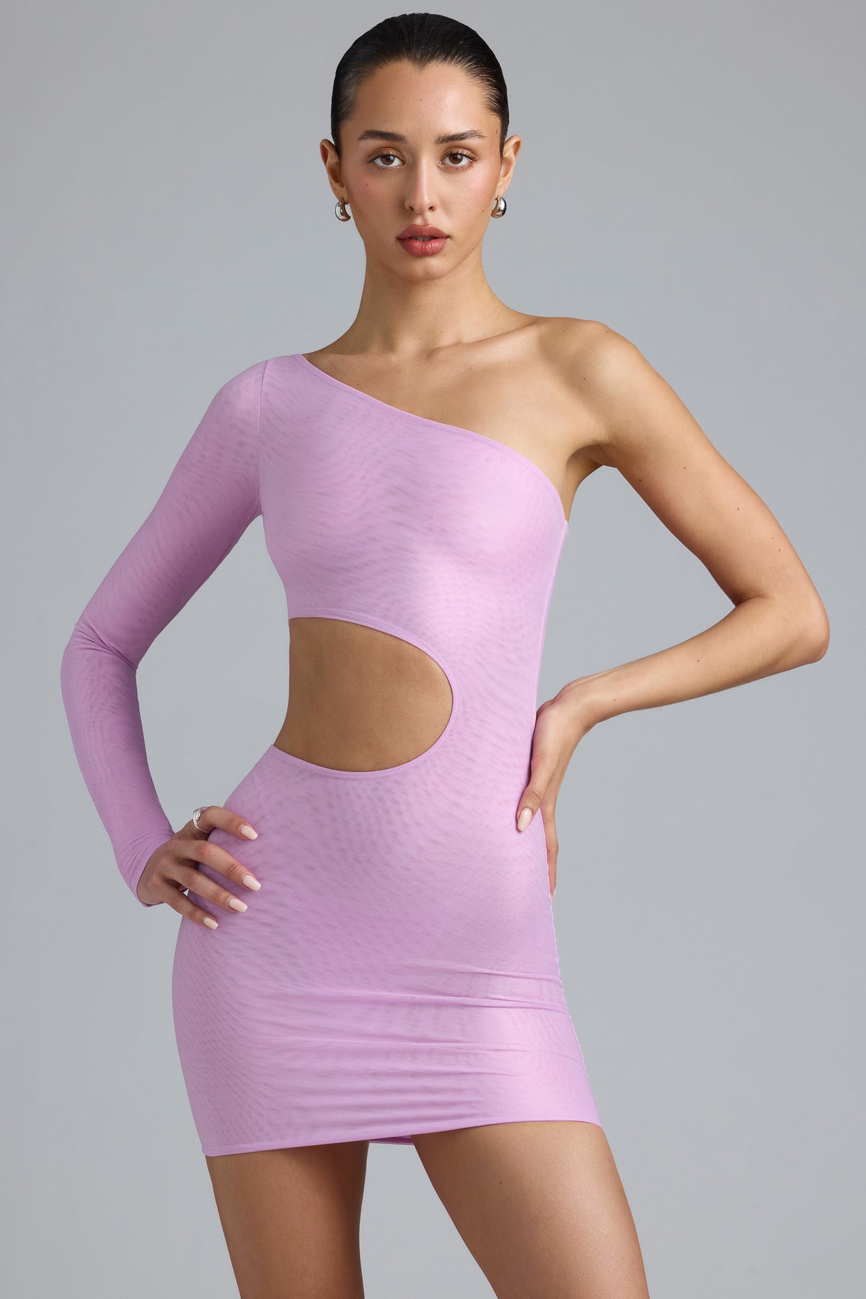 Metallic Cut-Out One-Shoulder Mini Dress in Violet Pink