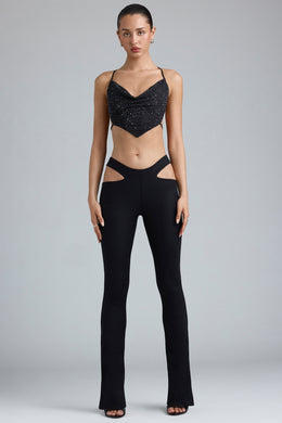 Metallic Cut-Out Low-Rise Flared Trousers in Black