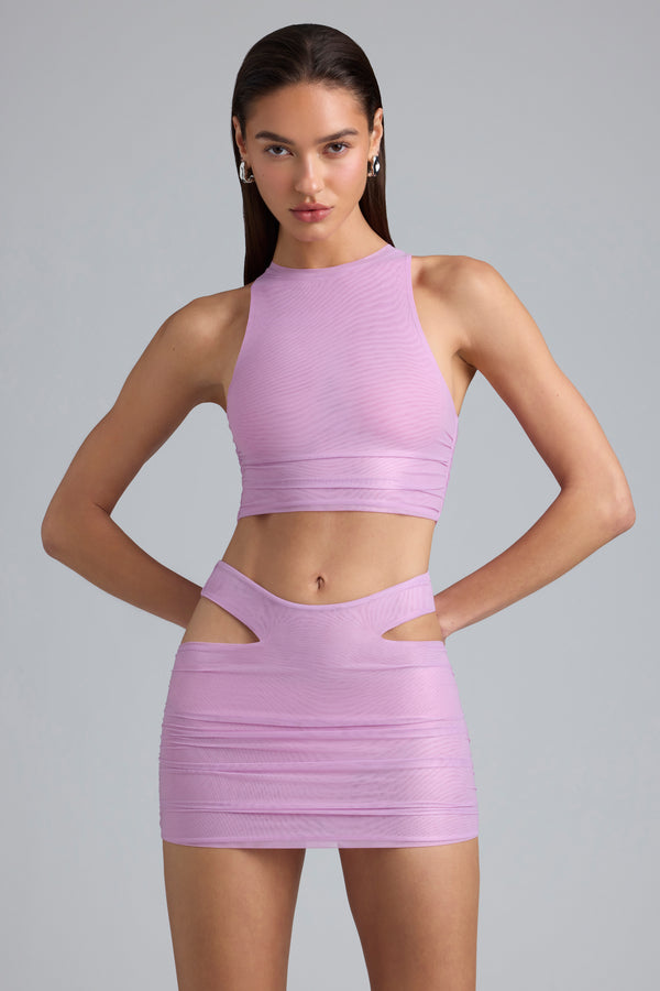 Metallic Ruched High-Neck Top in Violet Pink - 1