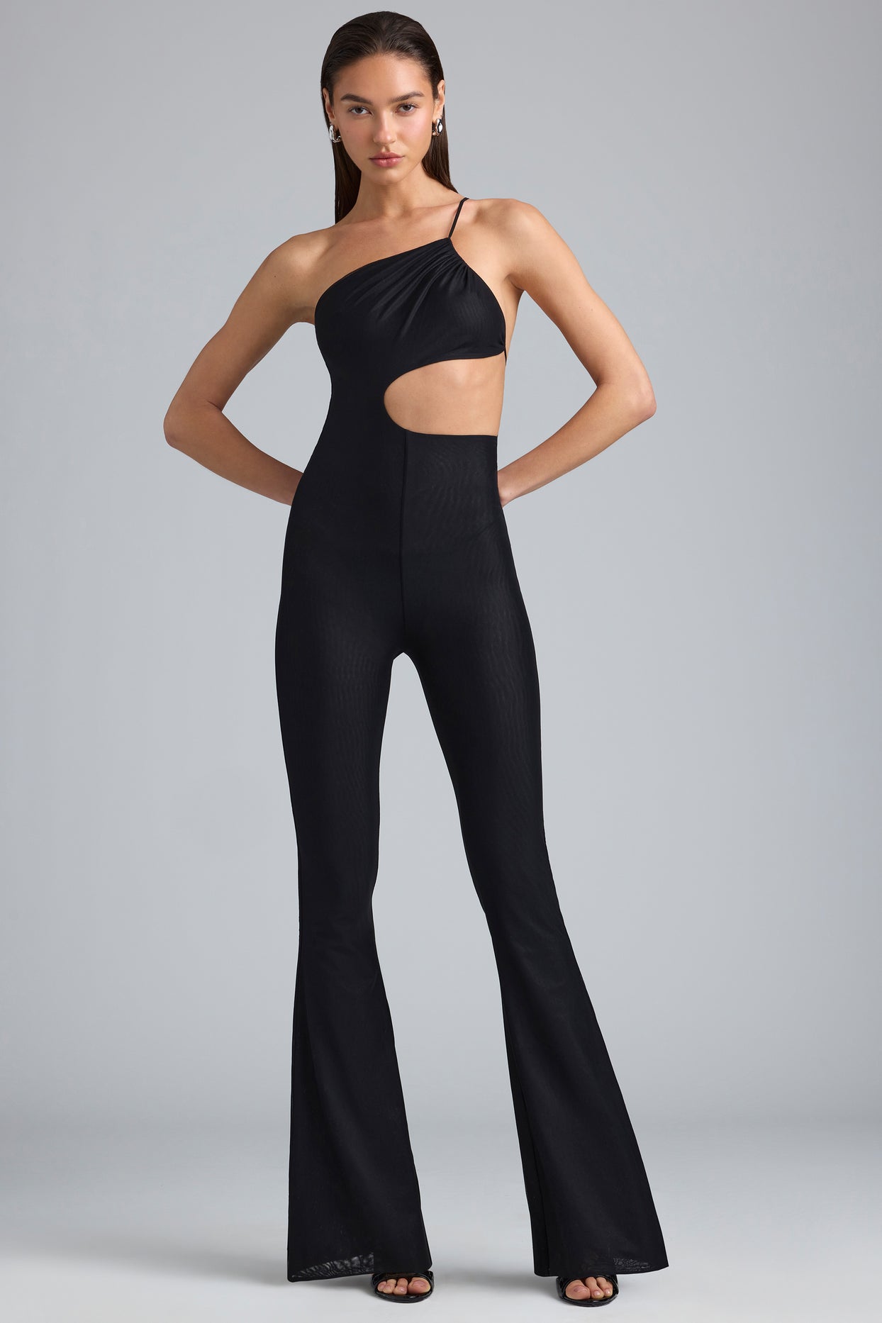Petite Metallic Ruched Cut-Out Flared Jumpsuit in Black