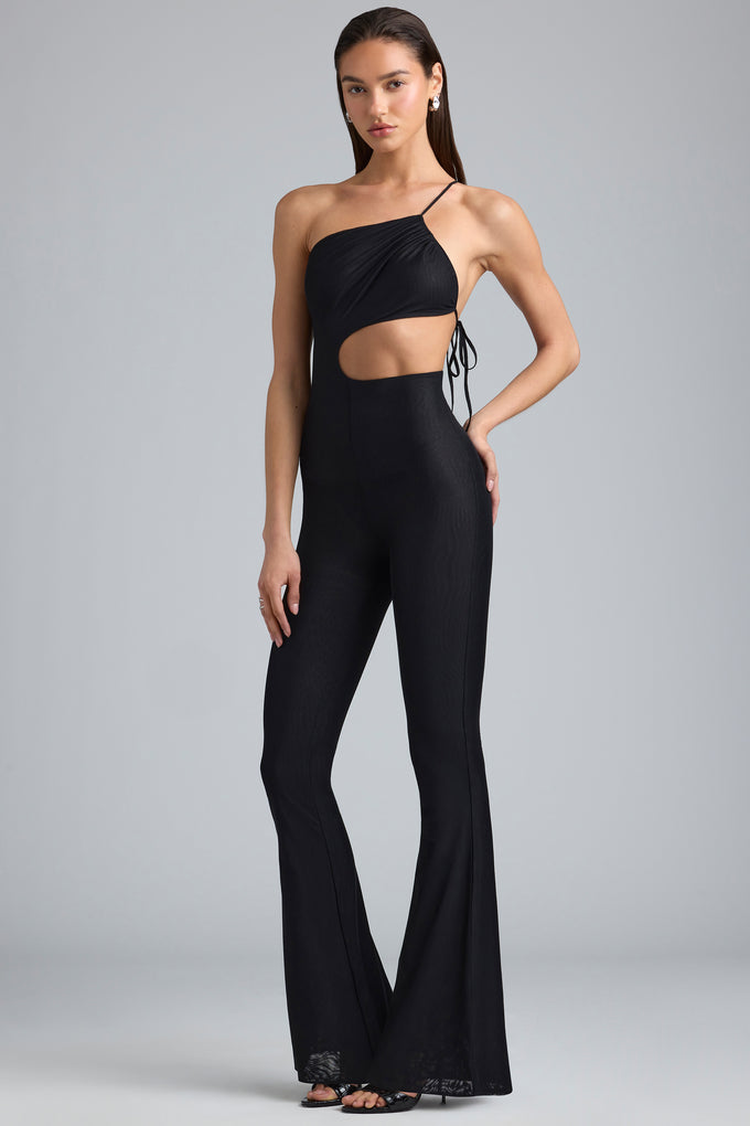 Tall Metallic Ruched Cut-Out Flared Jumpsuit in Black