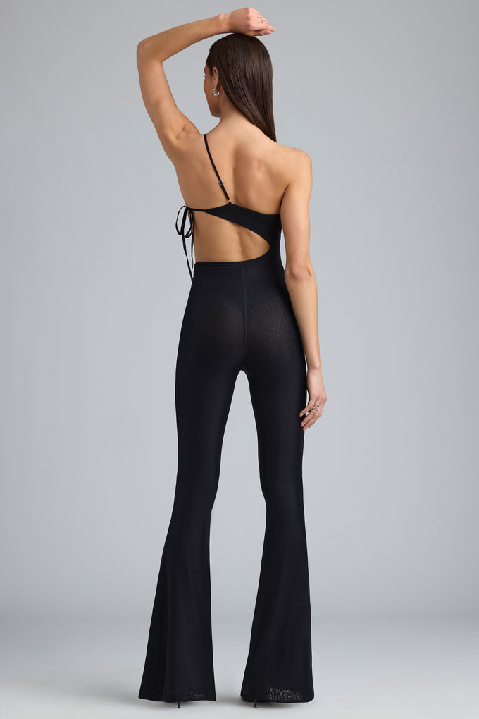 Petite Metallic Ruched Cut-Out Flared Jumpsuit in Black