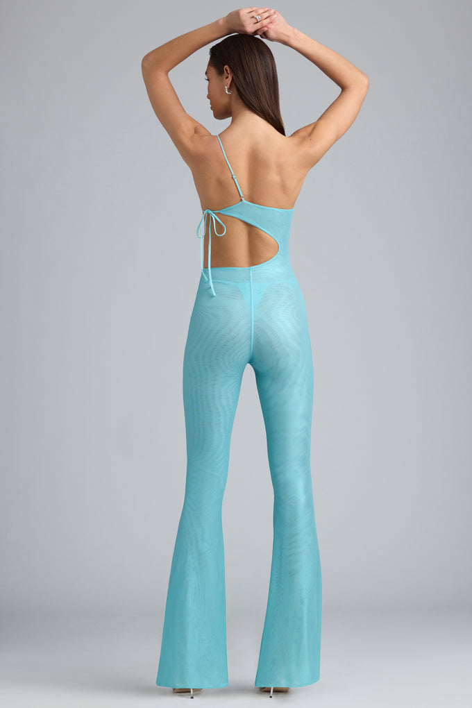 Petite Metallic Ruched Cut-Out Flared Jumpsuit in Ice Blue