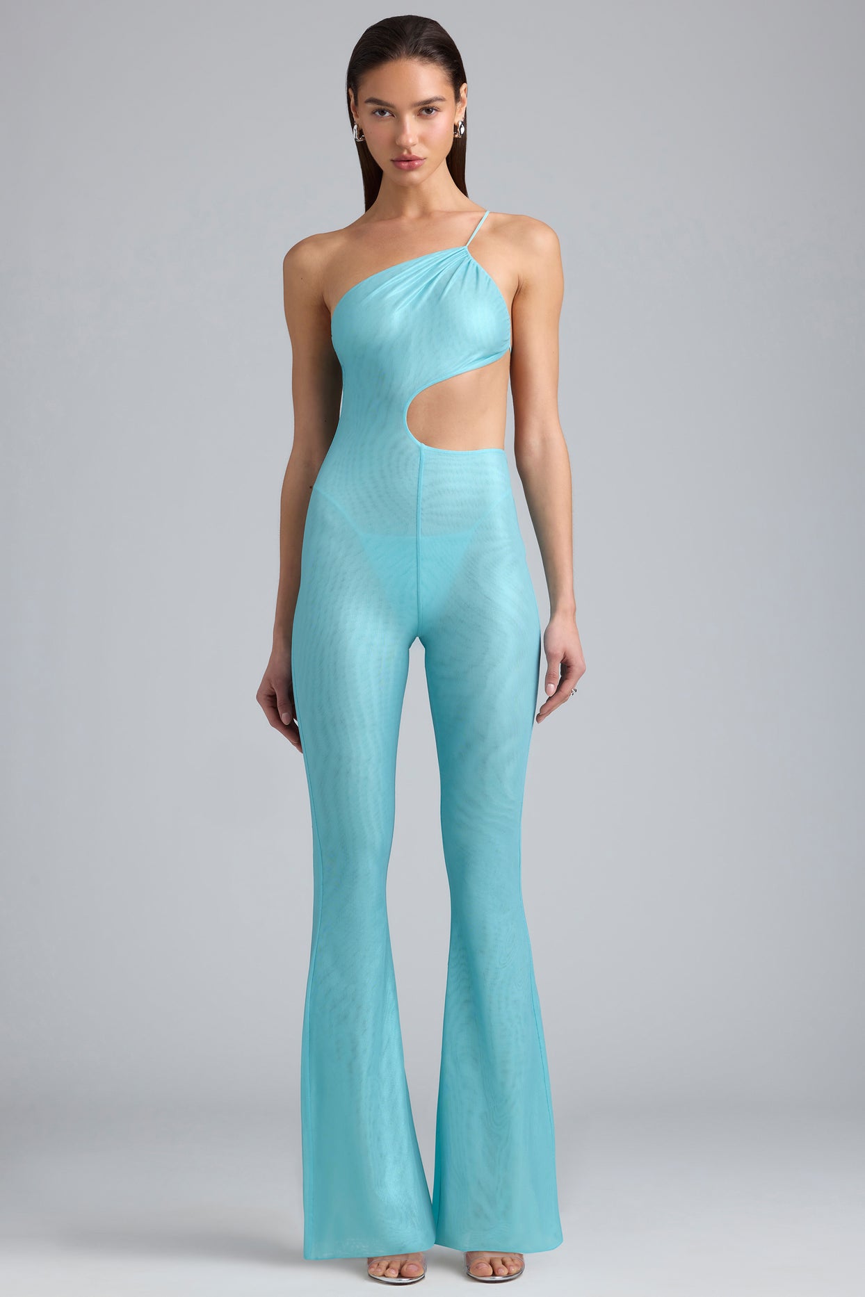 Petite Metallic Ruched Cut-Out Flared Jumpsuit in Ice Blue