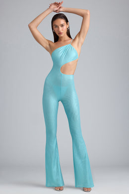 Tall Metallic Ruched Cut-Out Flared Jumpsuit in Ice Blue