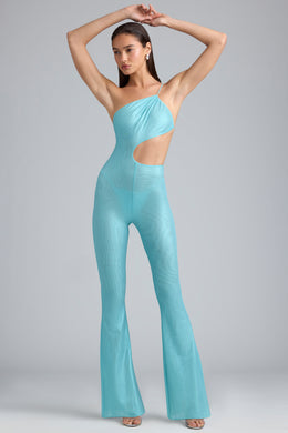 Tall Metallic Ruched Cut-Out Flared Jumpsuit in Ice Blue