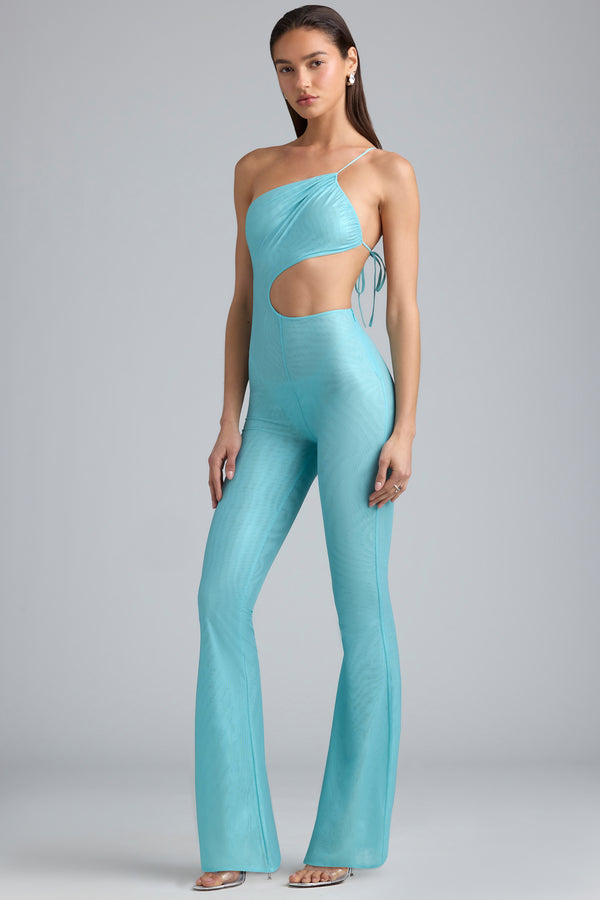 Metallic Ruched Cut-Out Flared Jumpsuit in Ice Blue - 1