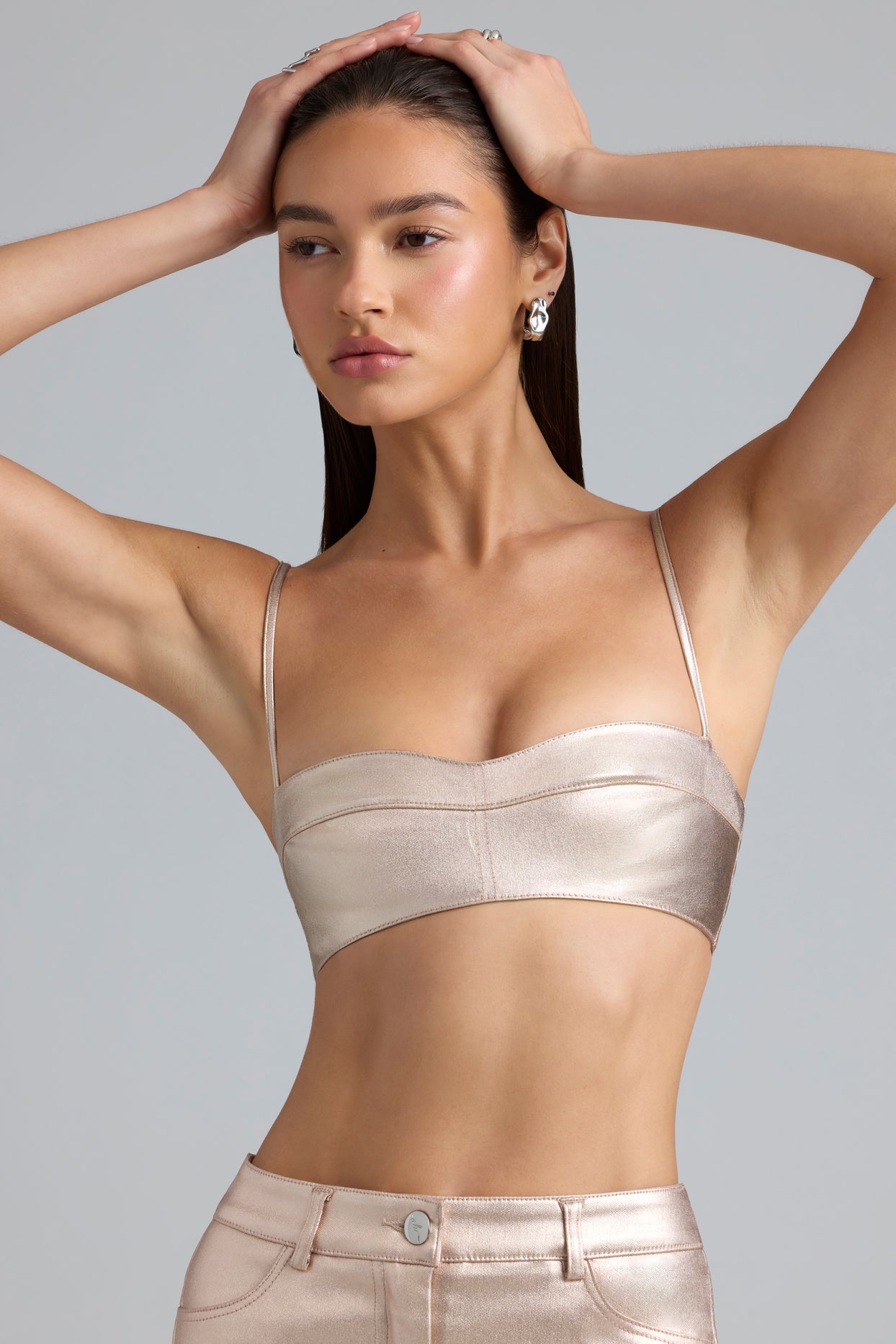 Metallic Denim Cropped Bralette in Champagne - 6