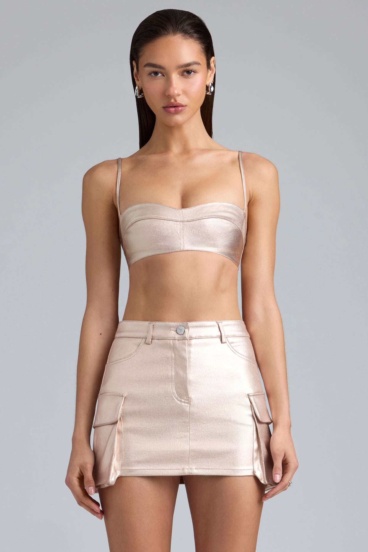 Metallic Denim Cropped Bralette in Champagne - 1