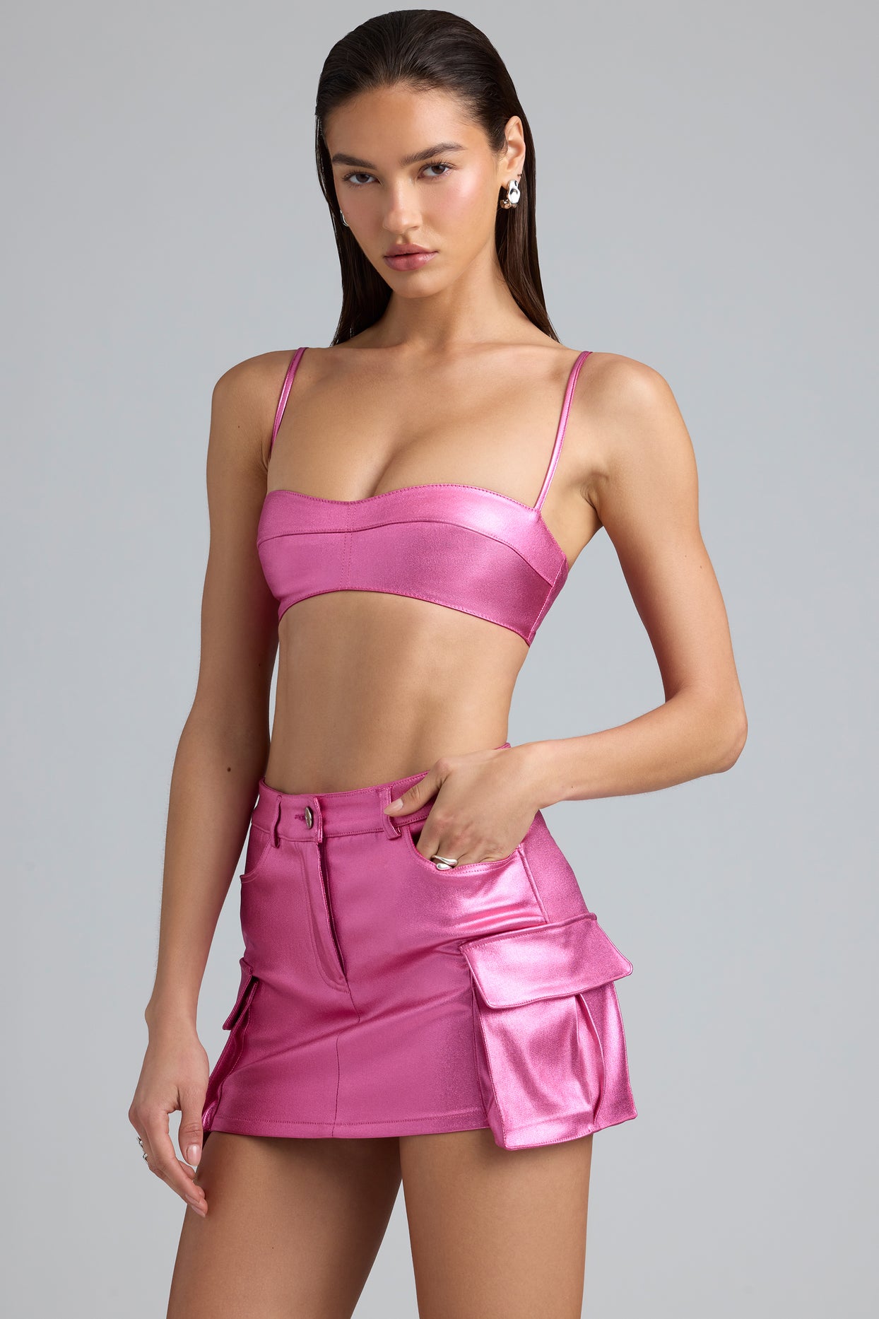 Metallic Denim Mid-Rise Cargo Skirt in Deep Pink