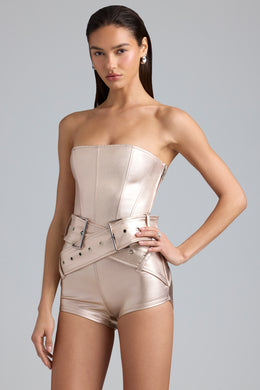 Metallic Denim Belted Corset Playsuit in Champagne