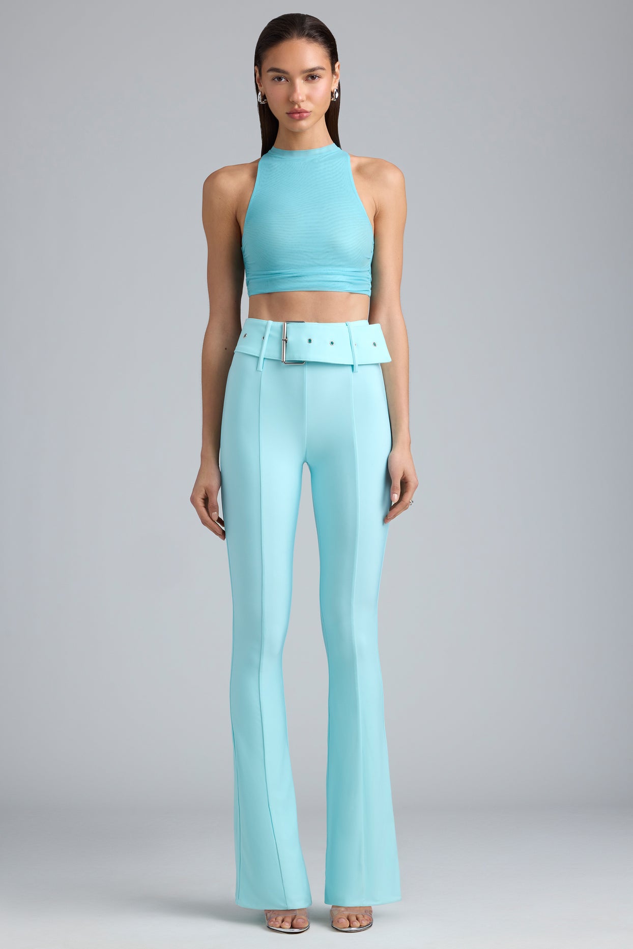 Gia Metallic Belted Mid-Rise Flared Trousers in Ice Blue | Oh Polly