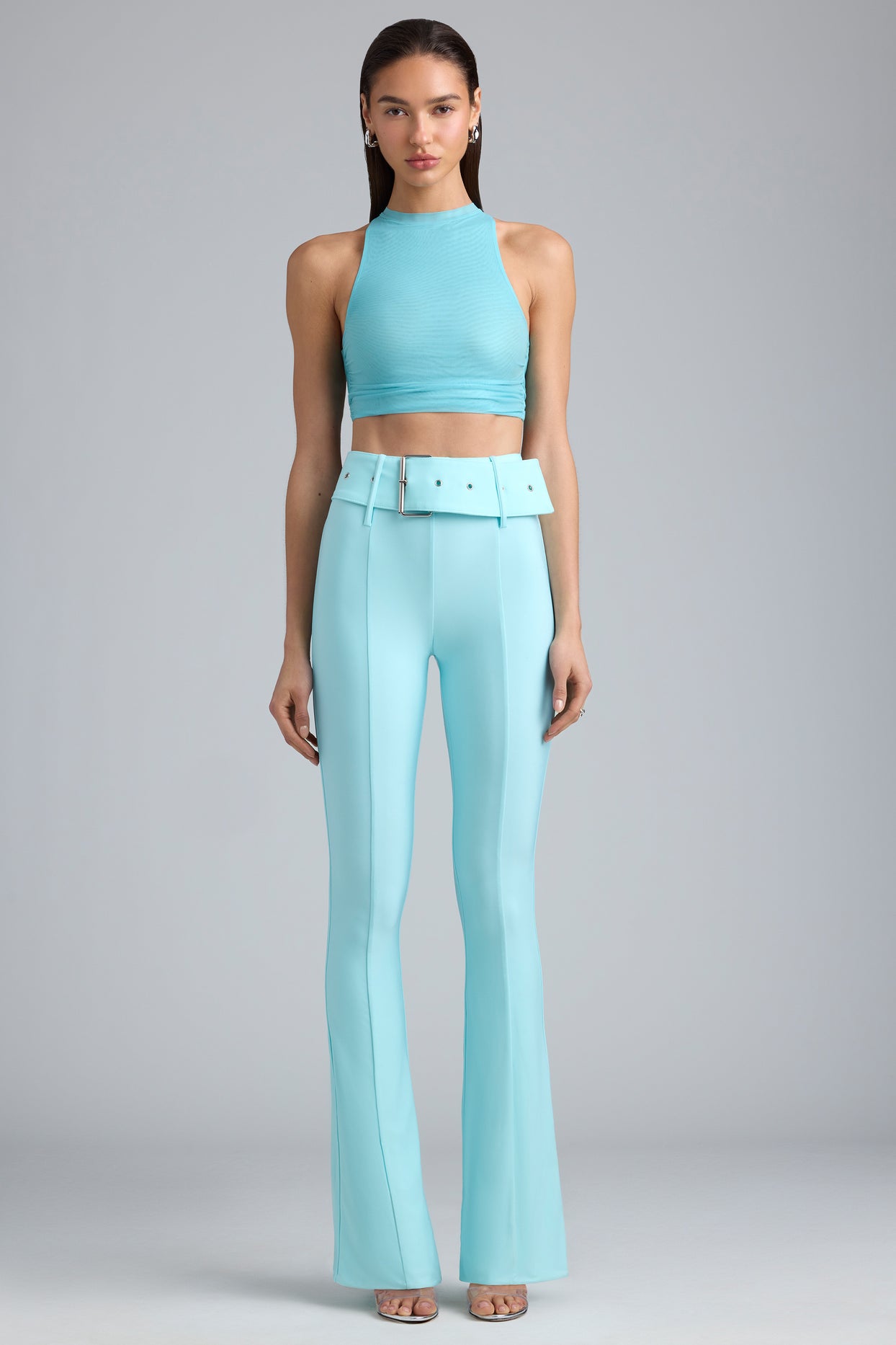 Metallic Belted Mid-Rise Flared Trousers in Ice Blue - 5