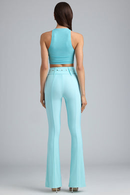 Tall Metallic Belted Mid-Rise Flared Trousers in Ice Blue