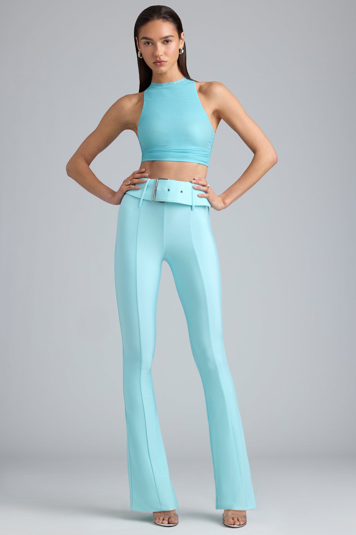 Metallic Belted Mid-Rise Flared Trousers in Ice Blue - 1
