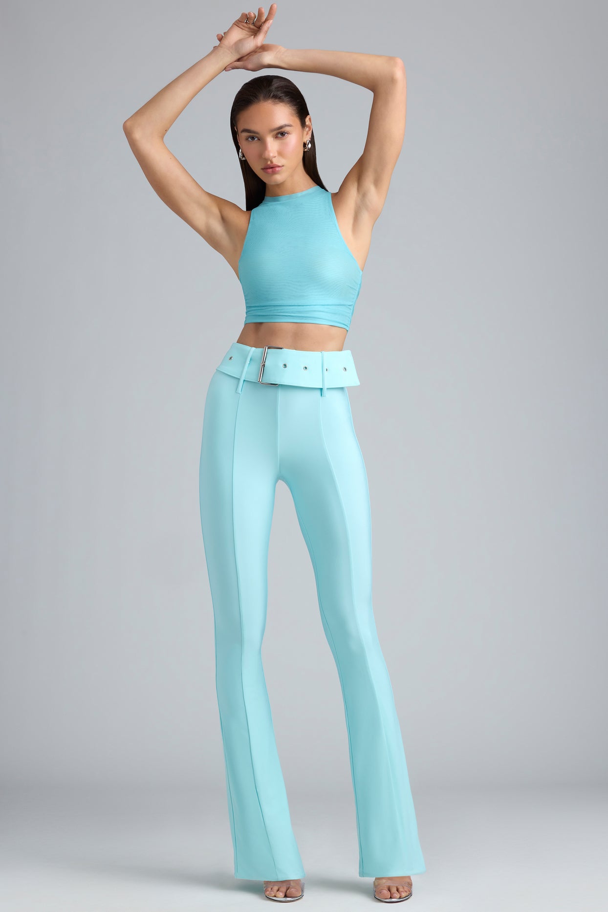 Petite Metallic Belted Mid-Rise Flared Trousers in Ice Blue