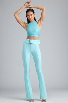 Tall Metallic Belted Mid-Rise Flared Trousers in Ice Blue