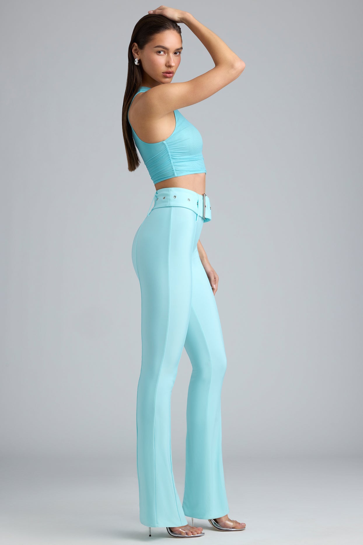 Metallic Belted Mid-Rise Flared Trousers in Ice Blue - 3