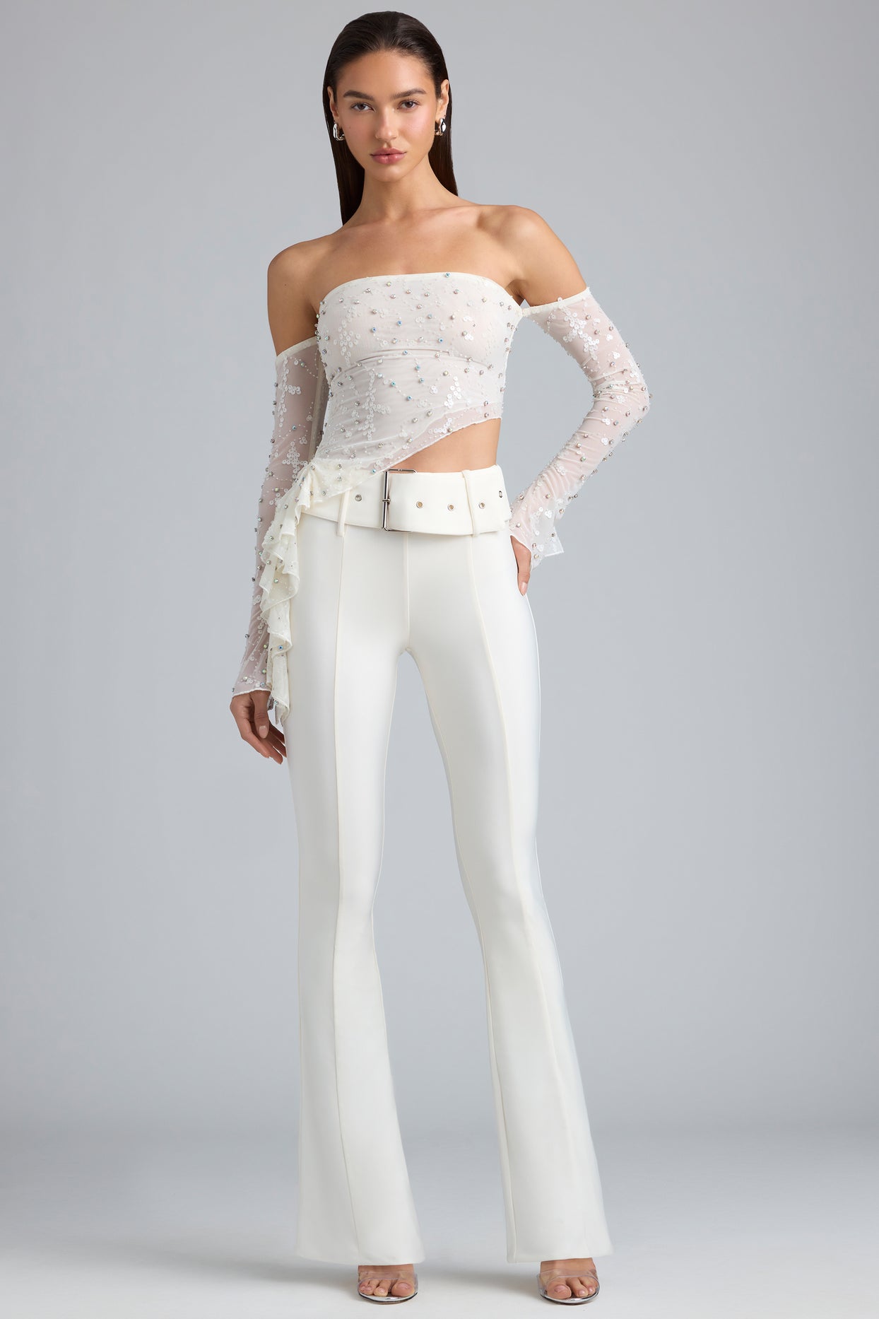 Petite Metallic Belted Mid-Rise Flared Trousers in Ivory