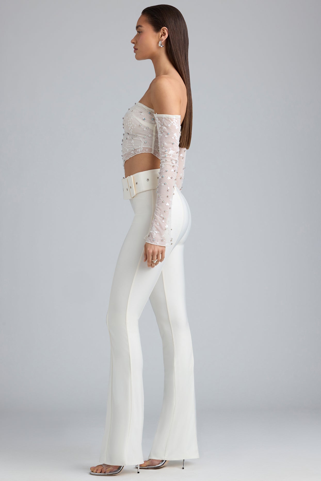 Tall Metallic Belted Mid-Rise Flared Trousers in Ivory