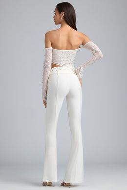 Metallic Belted Mid-Rise Flared Trousers in Ivory