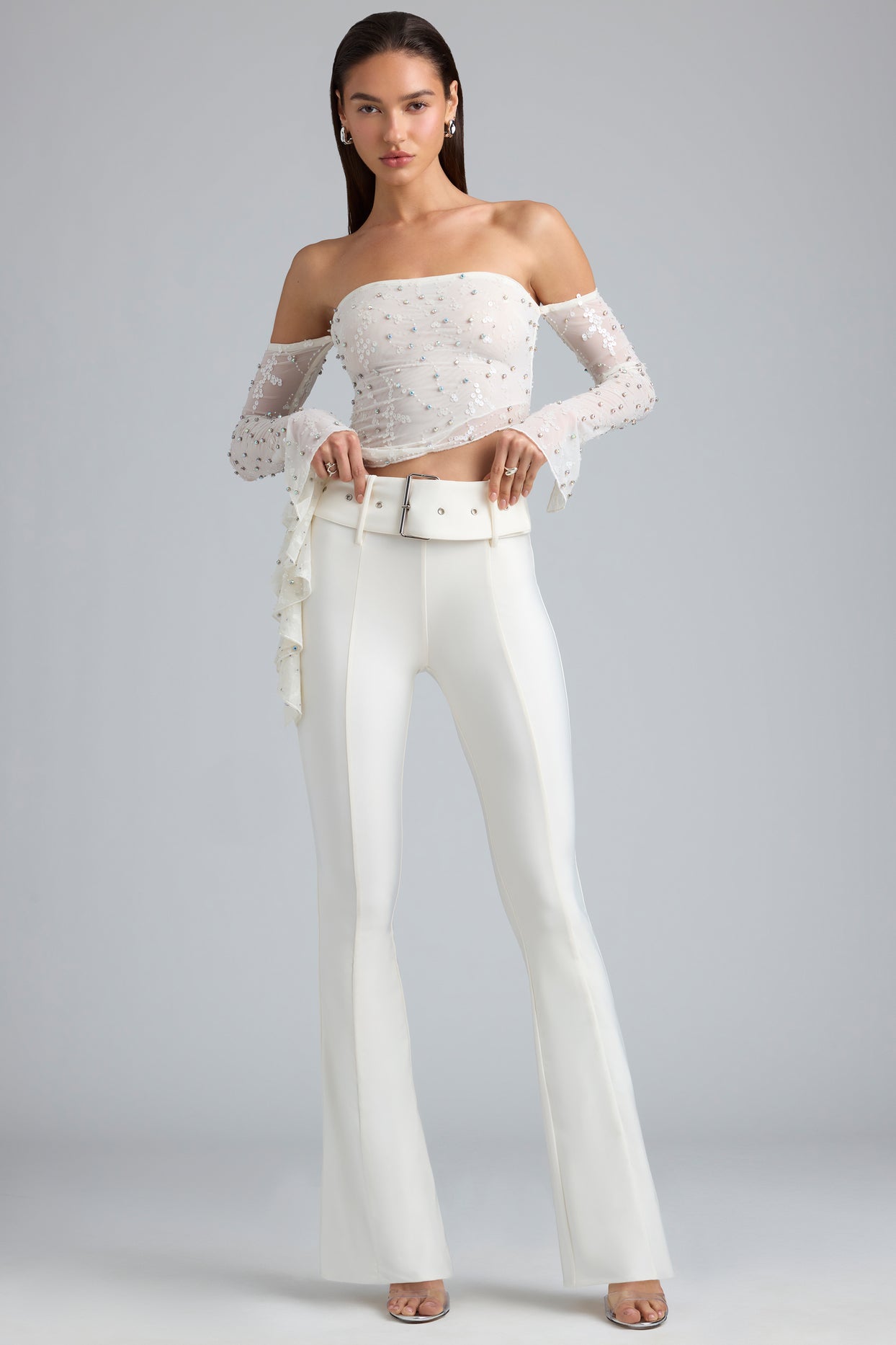 Petite Metallic Belted Mid-Rise Flared Trousers in Ivory