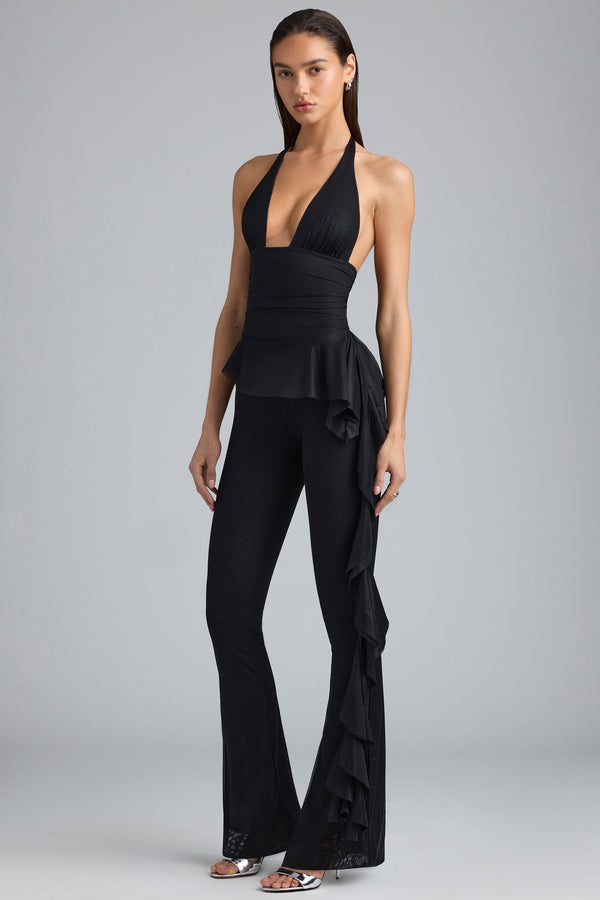 Metallic Ruffle Low-Rise Flared Trousers in Black - 1