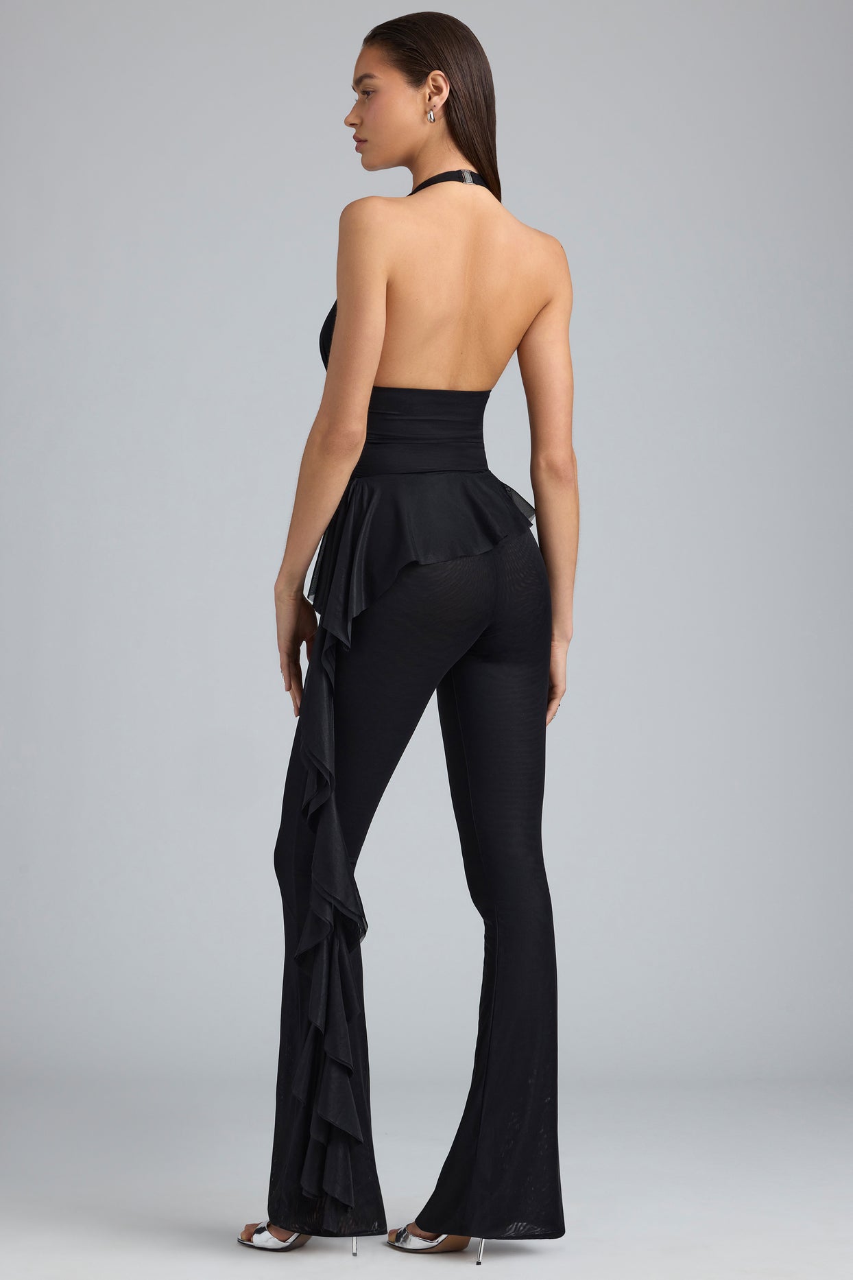 Metallic Ruffle Low-Rise Flared Trousers in Black - 2