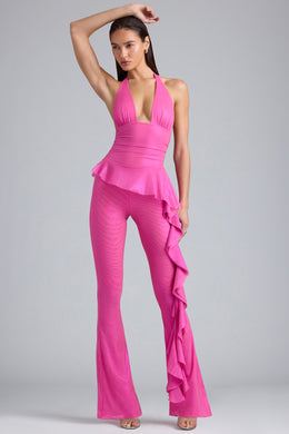 Metallic Ruffle Low-Rise Flared Trousers in Bubblegum Pink