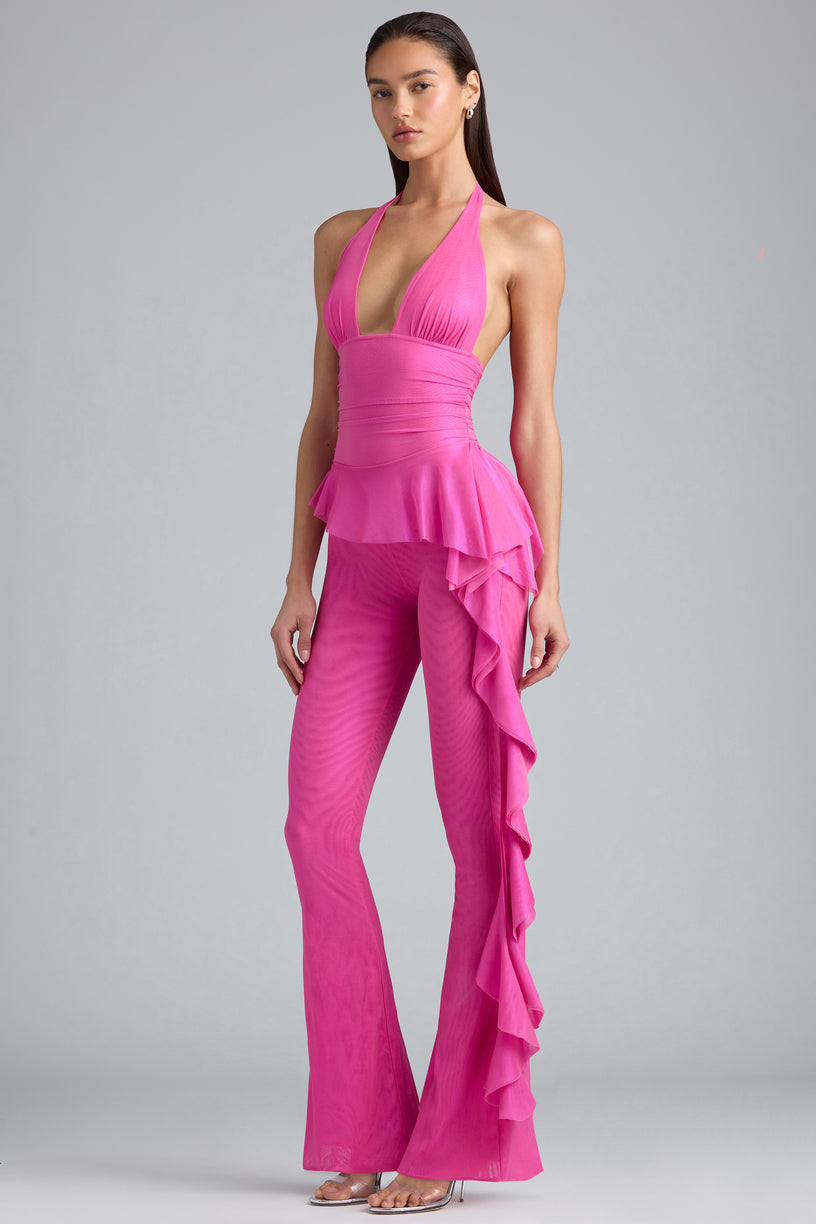 Metallic Ruffle Low-Rise Flared Trousers in Bubblegum Pink - 1