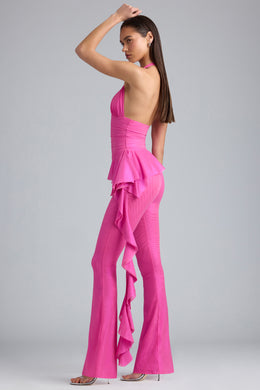 Petite Metallic Ruffle Low-Rise Flared Trousers in Bubblegum Pink