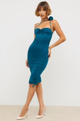 Slinky Jersey Rose Detail Ruched Mini Dress in Dark Teal