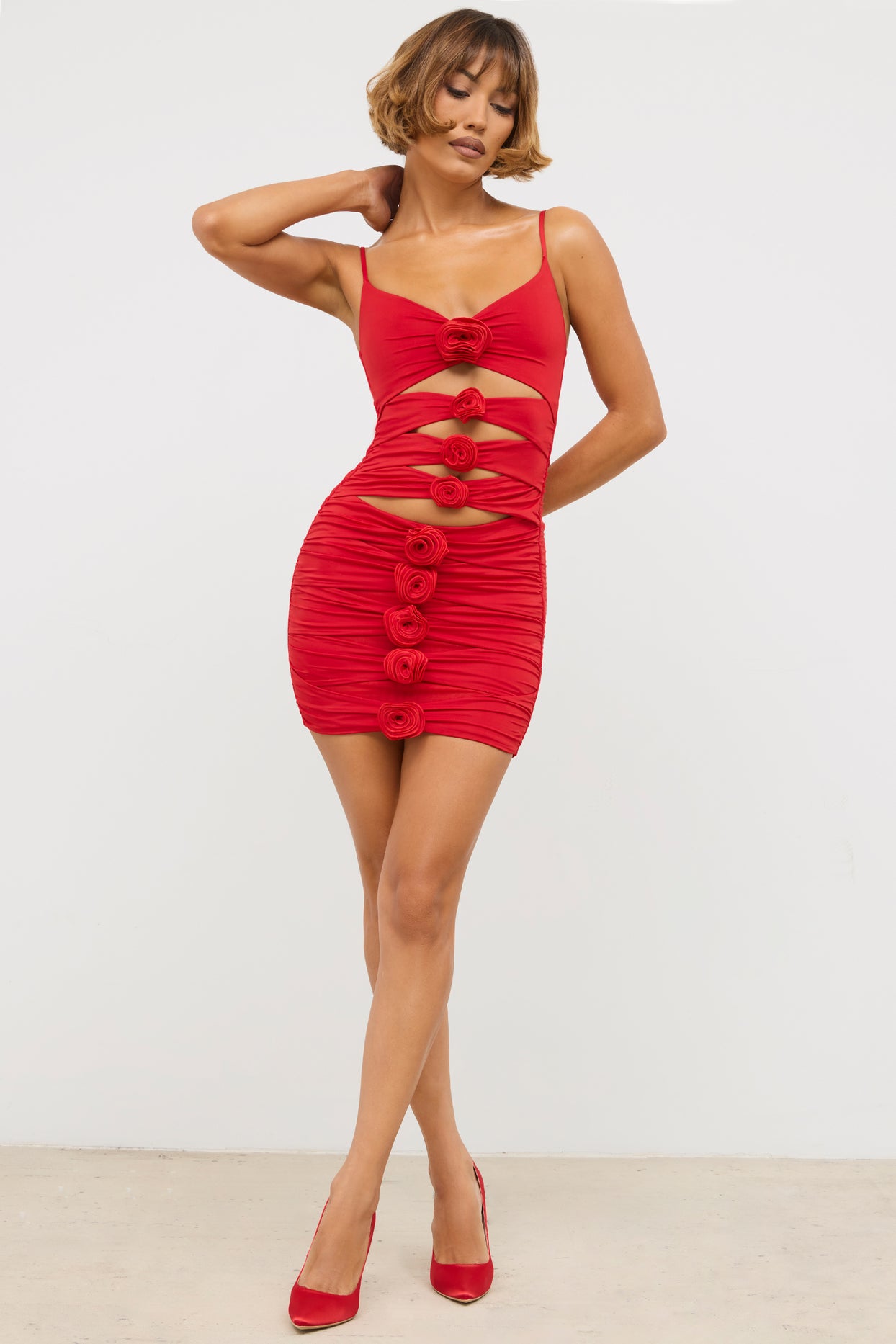 Slinky Jersey Rose Detail Cut Out Mini Dress in Scarlet Red - 6