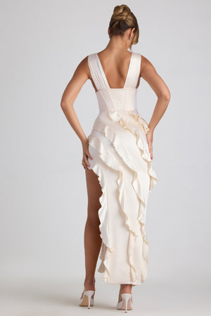 ruched ruffle-trim maxi dress in ivory Bohemian Elegance: Women's Tie Neck Ruched Ruffle Trim Maxi Dress for Beach & Summer Outings