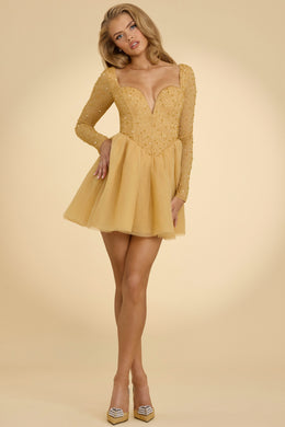 Plunge Neck Tulle Mini Dress in Gold