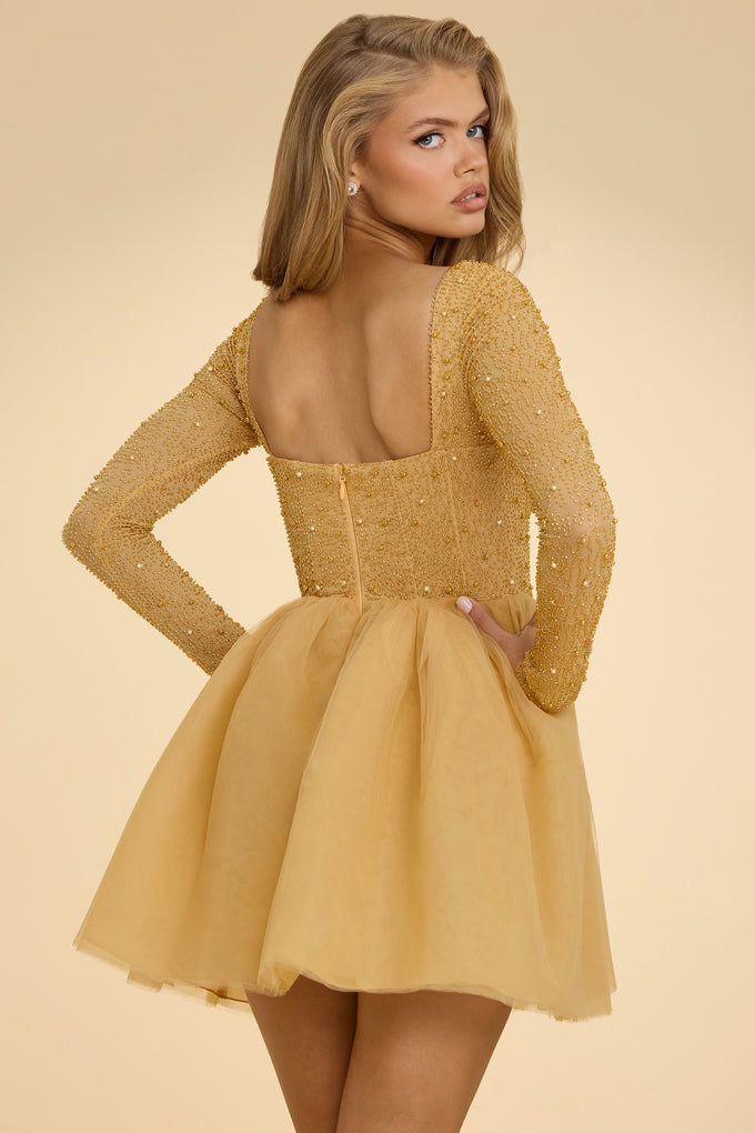 Plunge Neck Tulle Mini Dress in Gold
