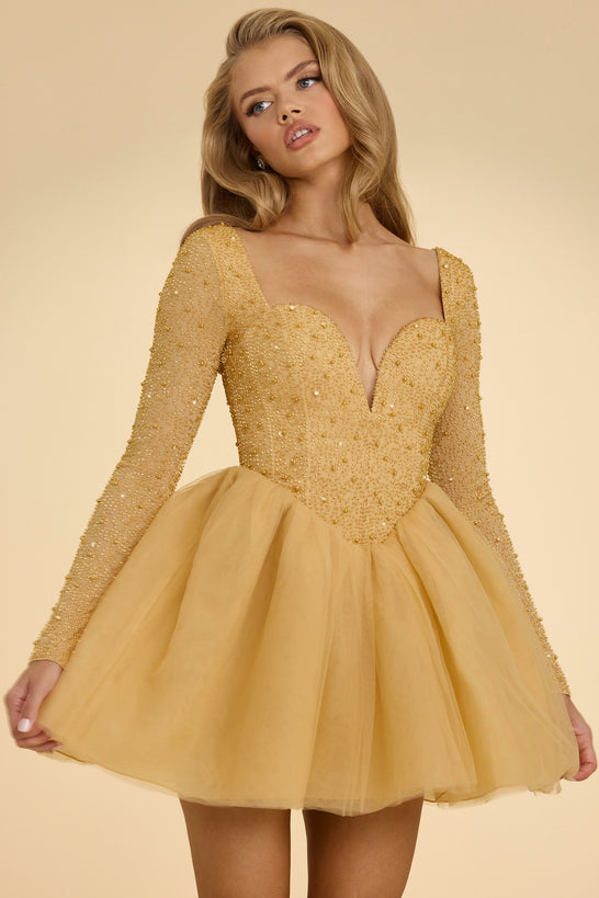 Tiulowa sukienka mini z głębokim dekoltem w kolorze złotym