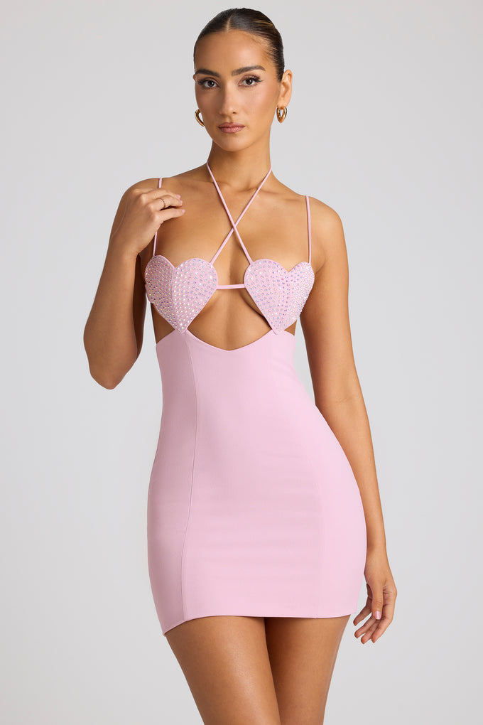 Embellished Heart Cup Detail Mini Dress in Soft Pink