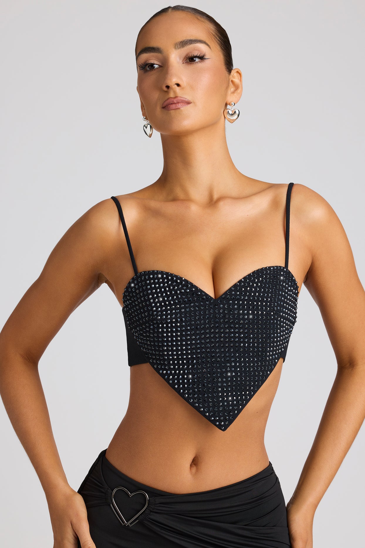 Embellished Heart Detail Crop Top in Black - 5