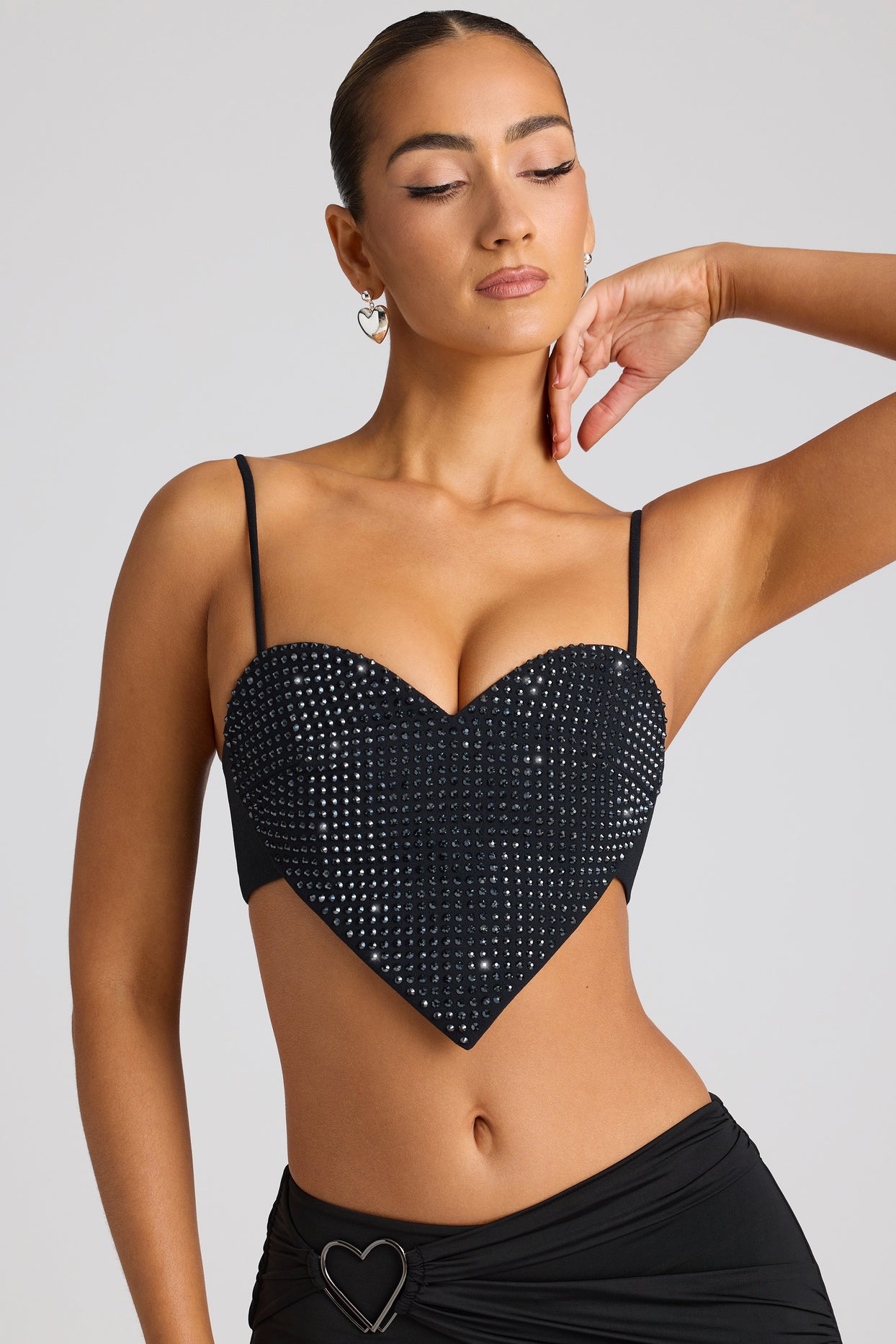 Embellished Heart Detail Crop Top in Black - 7